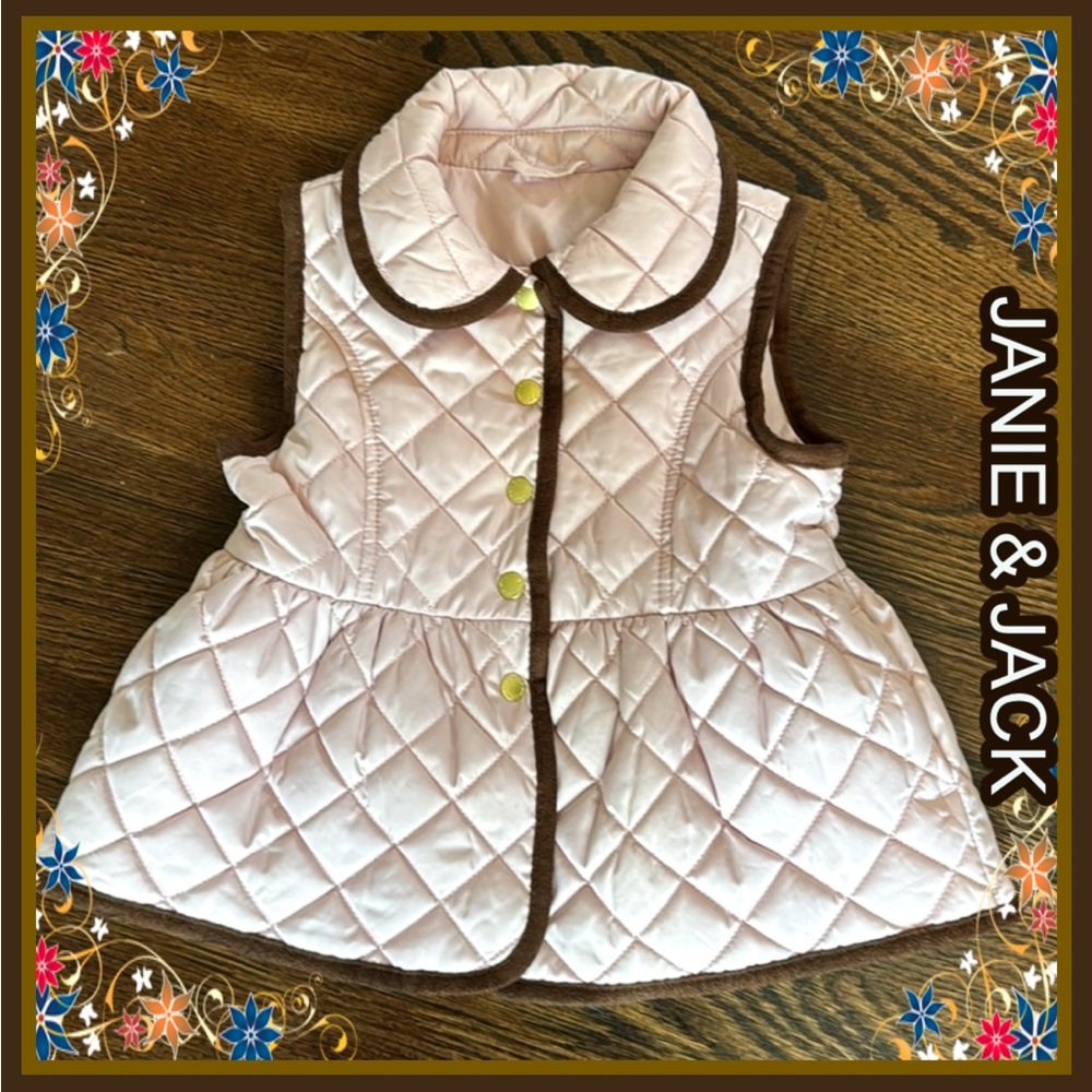 Janie and Jack Light Pink Quilted Peplum Vest with Brown Trim